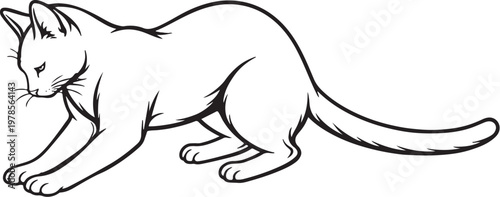 Russian Blue Cat Kneading Paws Black and White Line Art Illustration Feline Comfort Behavior Vector