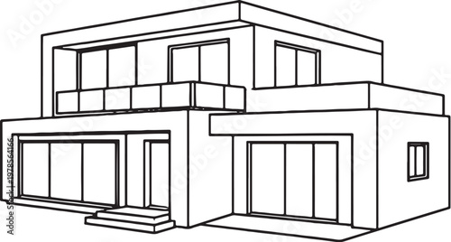 Modern Suburban Villa Line Art Vector Contemporary Residential House Outline Illustration