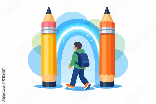 Student Walking Through Pencil Gateway for Education Concept