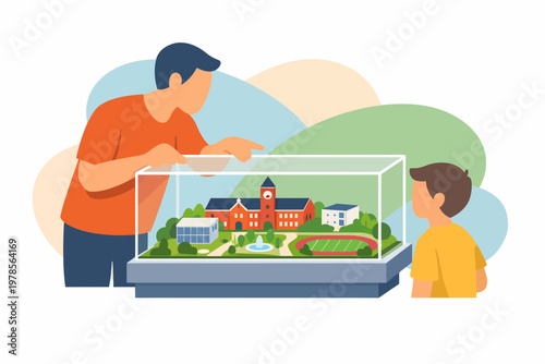 Father and son looking at architectural model of a school campus