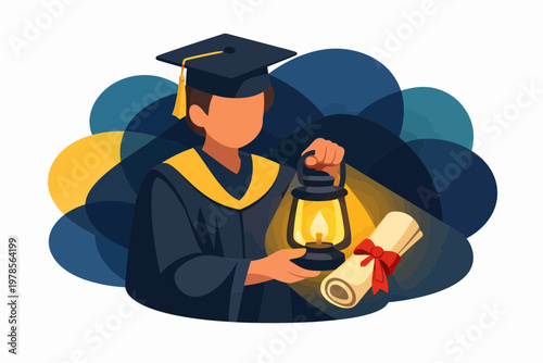 Graduate Holding Lantern and Diploma Symbolizing Future Enlightenment