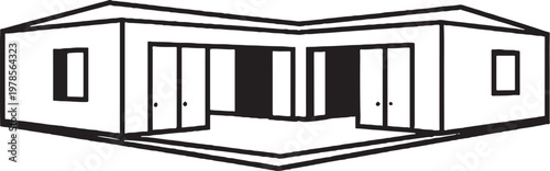 Modern courtyard house line art, minimalist courtyard home architecture outline, residential house vector illustration