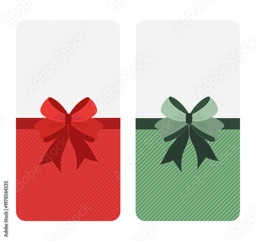 Gift tags with decorative bows in red and green colors. Great for wrapping gifts, cards, and holiday decor. A versatile seasonal element.