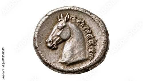 Ancient silver coin with horse head relief, isolated on transparent background