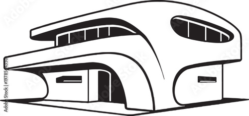 Futuristic Smart House Line Art Illustration, Advanced Curved Architecture Outline, Minimal Vector Home