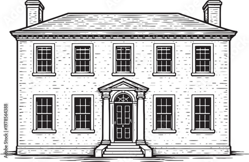 Georgian Style House Line Art, Classical British Symmetrical Architecture Illustration, Minimal Black White Vector Building