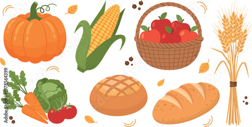 Autumn Harvest Illustration Set with Pumpkin Corn Apples Bread Wheat and Fresh Vegetables for Seasonal Farming Market and Thanksgiving Design