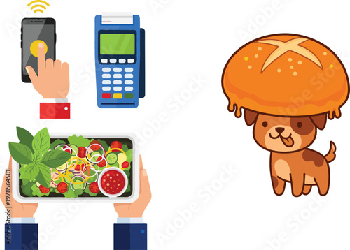 Digital payment and food delivery concept with contactless mobile transaction POS terminal fresh salad takeaway and cute burger dog illustration set