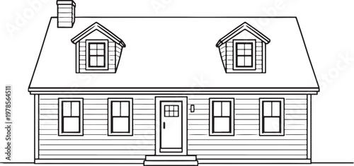 Cape Cod House Line Art, Classic New England Coastal Home Architecture Outline Vector Illustration Isolated