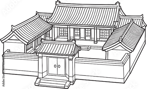 Chinese Siheyuan Courtyard House Line Art, Traditional Chinese Architecture Illustration, Minimal Black White Vector Building