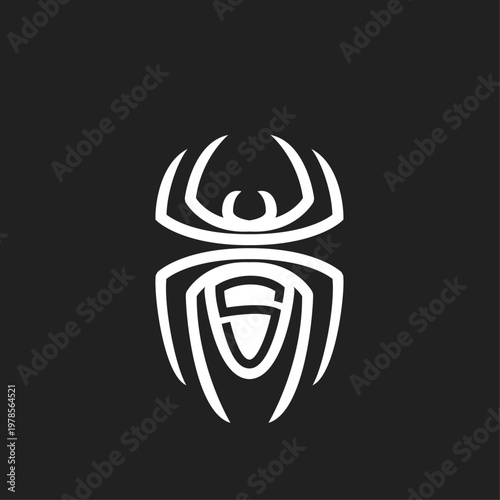 Stylized Insect Logo with Letter S, Abstract Geometric Beetle Symbol in White on Black
