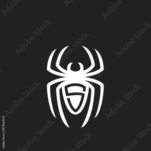 Modern White Spider Logo with Stylized Letter S in Shield Shape on Black Background, Minimalist Graphic Design Element