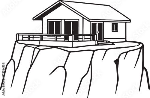 Cliffside House Line Art Illustration, Coastal Cliff Home Outline, Minimal Vector Architecture