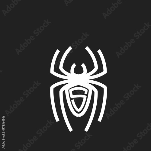 White Stylized Spider Logo with Letter S in Shield on Black Background