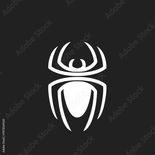 Stylized White Insect Logo on Black Background - Abstract Modern Beetle or Spider Emblem Icon Vector Graphic