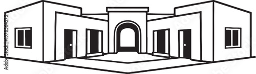 Courtyard Villa Line Art Illustration, Mediterranean House Outline, Minimal Vector Architecture