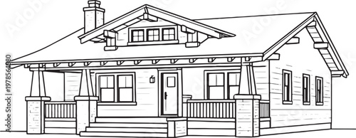 Craftsman Bungalow House Line Art, Classic American Craftsman Home Architecture Outline Vector Illustration Isolated