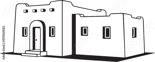 Desert adobe house line art southwestern architecture clay home outline vector illustration