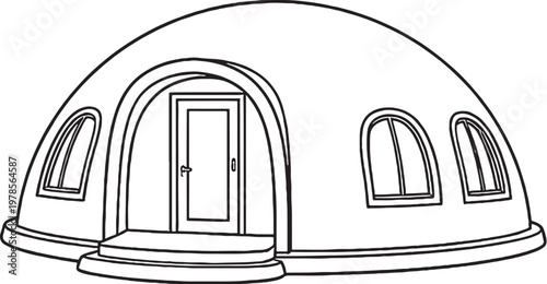 Dome House Line Art, Futuristic Dome Shaped Home Architecture Outline Vector Illustration Isolated