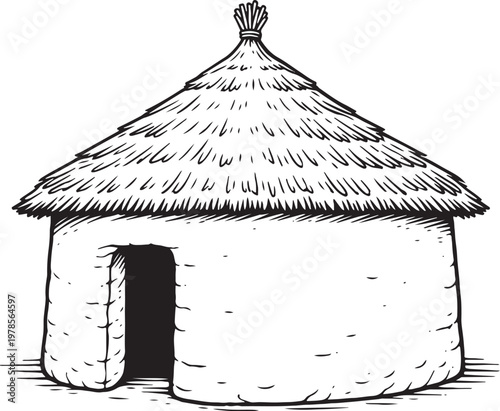 African Mud Hut Line Art, Traditional Round Thatched Roof Village House Illustration, Minimal Black White Vector Building