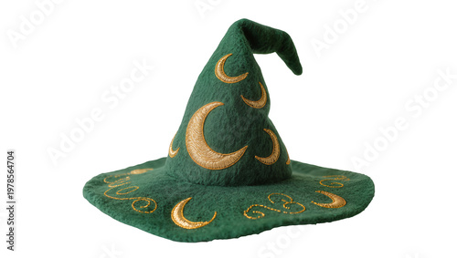 Green felt wizard hat with golden crescent moons and swirls, isolated on transparent background