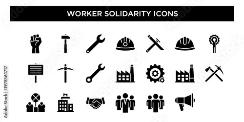 Professional collection of minimalist graphic worker solidarity icons representing industry, labor rights, and determined unity.