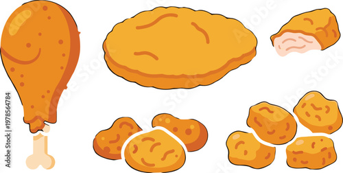 Fried Chicken and Chicken Nugget Set Vector Illustration for Fast Food and Snack Design Projects