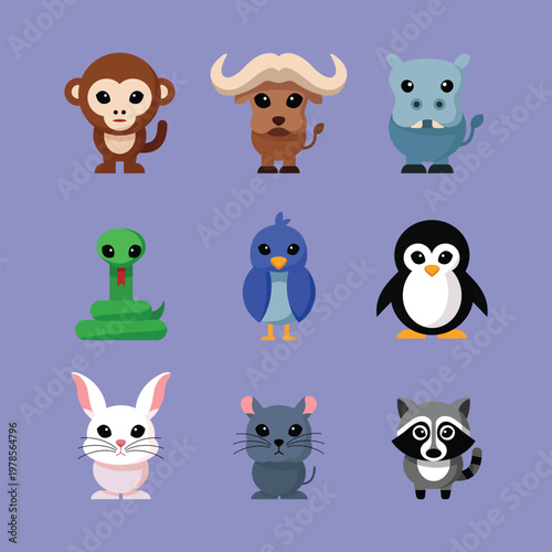 A group of cute cartoon animals on purple background