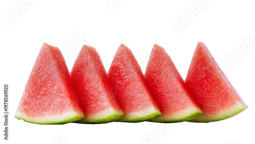Schilderij op canvas Five juicy watermelon slices with green rind, isolated on transparent background