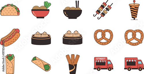 Street Food Icon Set Featuring Tacos Hot Dog Dumplings Shawarma Pretzels Food Truck and Snack Items for Fast Food Menu and Vendor Design