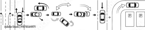 Parallel Parking Instruction Diagram with Car Maneuver Steps Steering Directions and Road Markings for Driving School Education and Vehicle Training Design