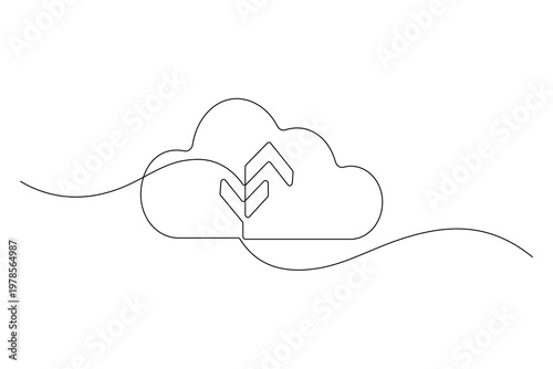 Cloud upload icon in a continuous one line drawing style for modern data storage design
