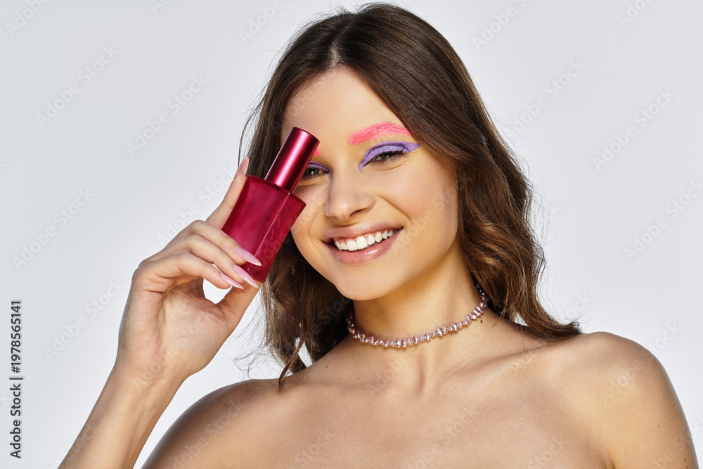Fototapeta premium Bold makeup trends showcased by a young woman with unique beauty elements indoors