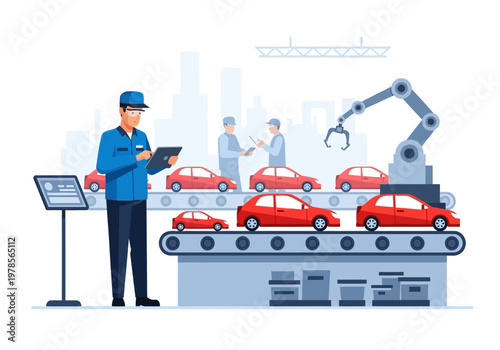 Automobile Factory Worker Inspecting Cars on Assembly Line.