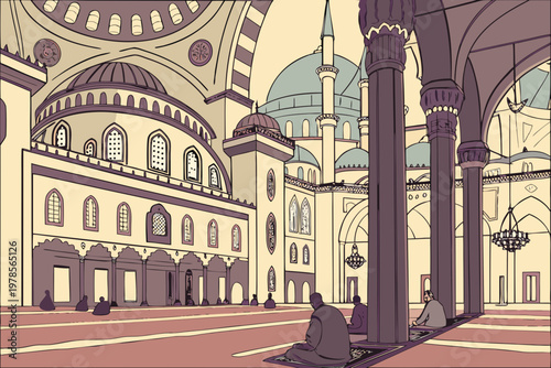 Majestic Mosque Interior with Worshippers and Islamic Architecture.