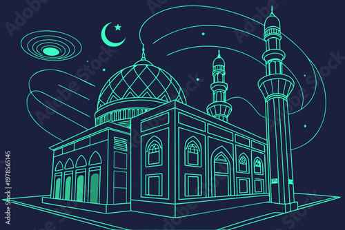 Minimalist Mosque Outline Illustration with Crescent Moon and Stars.