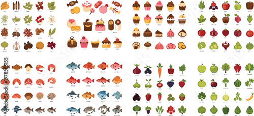 Large collection of food icons including fruits vegetables desserts seafood and groceries colorful flat vector set for market menu design and apps
