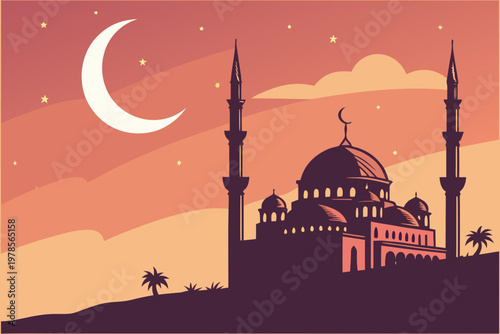 Mosque Silhouette at Sunset with Crescent Moon and Stars.