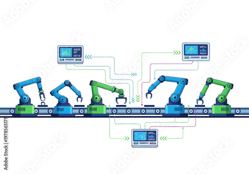 Industrial Robots Assembly Line Automation Process.