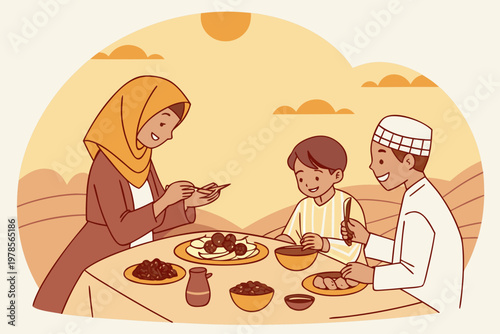 Muslim Family Breaking Fast During Ramadan Iftar Meal.
