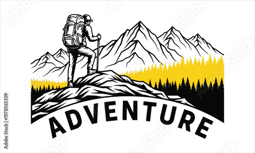 adventure logo with hiker on mountain peak and yellow trees