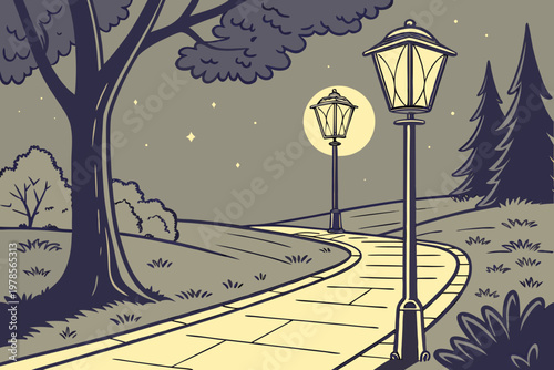 Nighttime Park Path with Glowing Street Lamps.