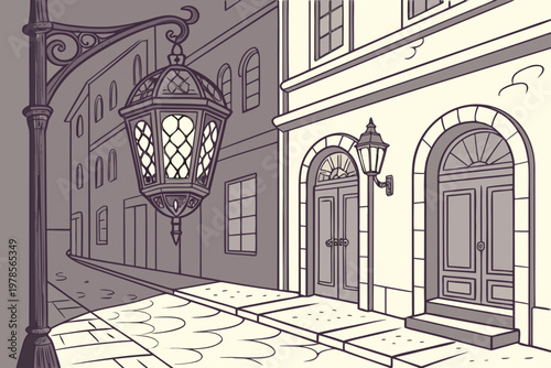 Old City Street with Vintage Lamp at Night.