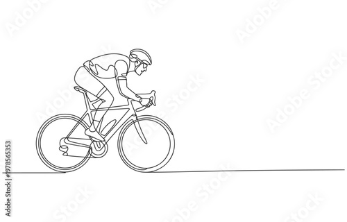 Continuous line drawing of a bicycle racer with white background line art illustration movement competition outdoors activity headwind concentration training exercise competitive athletic