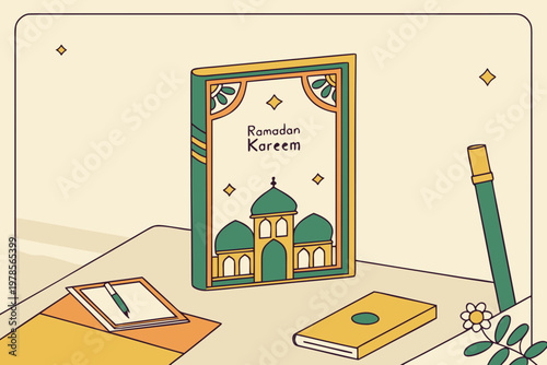 Ramadan Kareem Book and Study Desk Illustration.