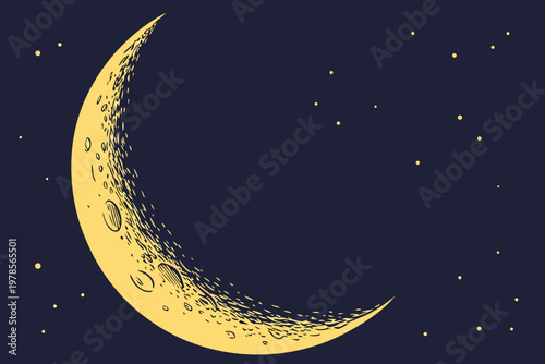 Stylized Crescent Moon and Stars in Dark Night Sky.