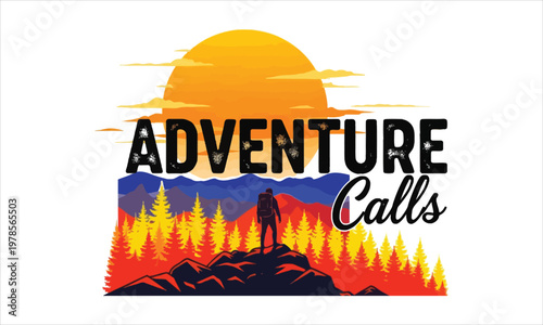 Vibrant adventure calls graphic with hiker at sunset
