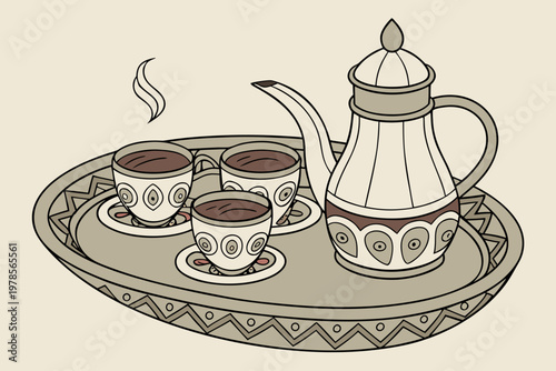 Traditional Arabic Coffee Set with Dallah and Finjan Cups.