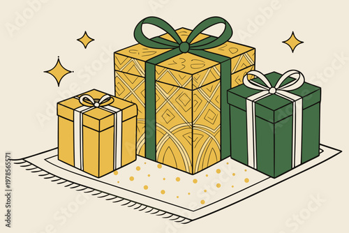 Three Festive Gift Boxes with Ribbons and Sparkles.