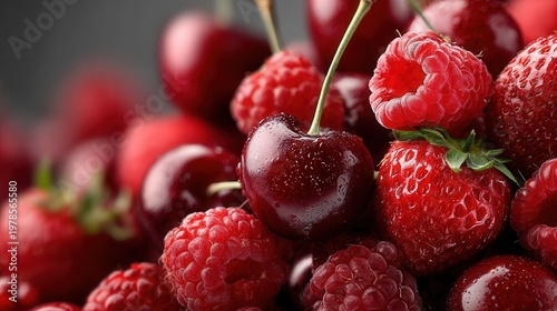 Close-up healthy red fruits assortment, cherries, raspberries, strawberries